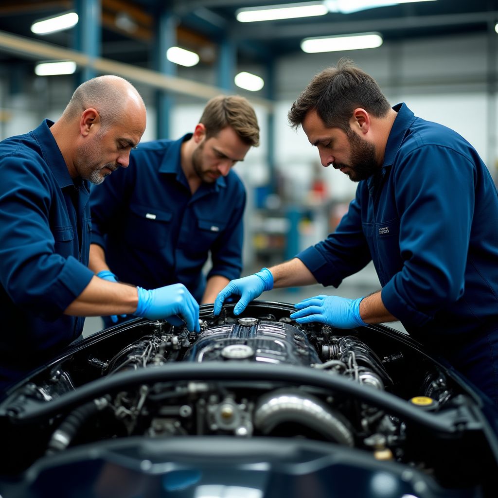 Mechanics working on a car